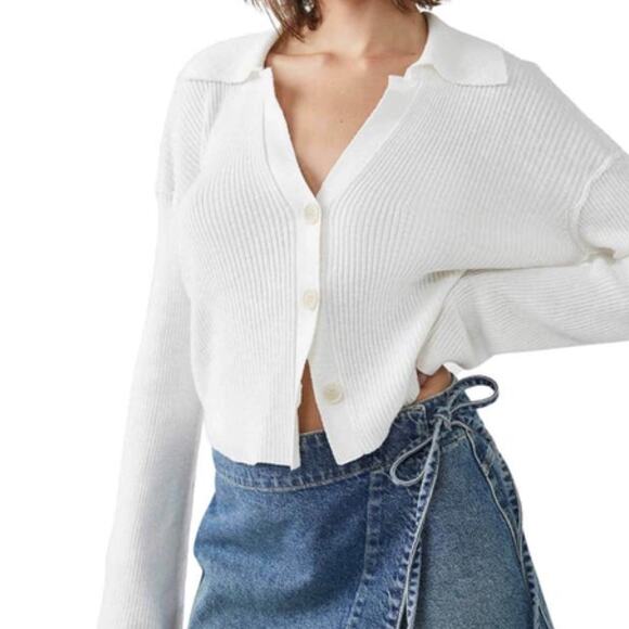 Free People Size XL Ella Button-Up Ivory Cotton Linen Sweater Cardigan Preppy - Picture 1 of 8